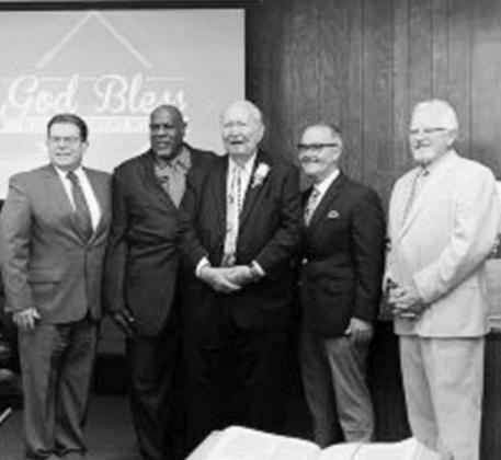 From left, James Swain, Walter Wilson, Ritter, Troy Taylor and Mike Tompkins, retired director of missions in Comanche-Cotton Association, enjoyed Ritter’s retirement service and reception.